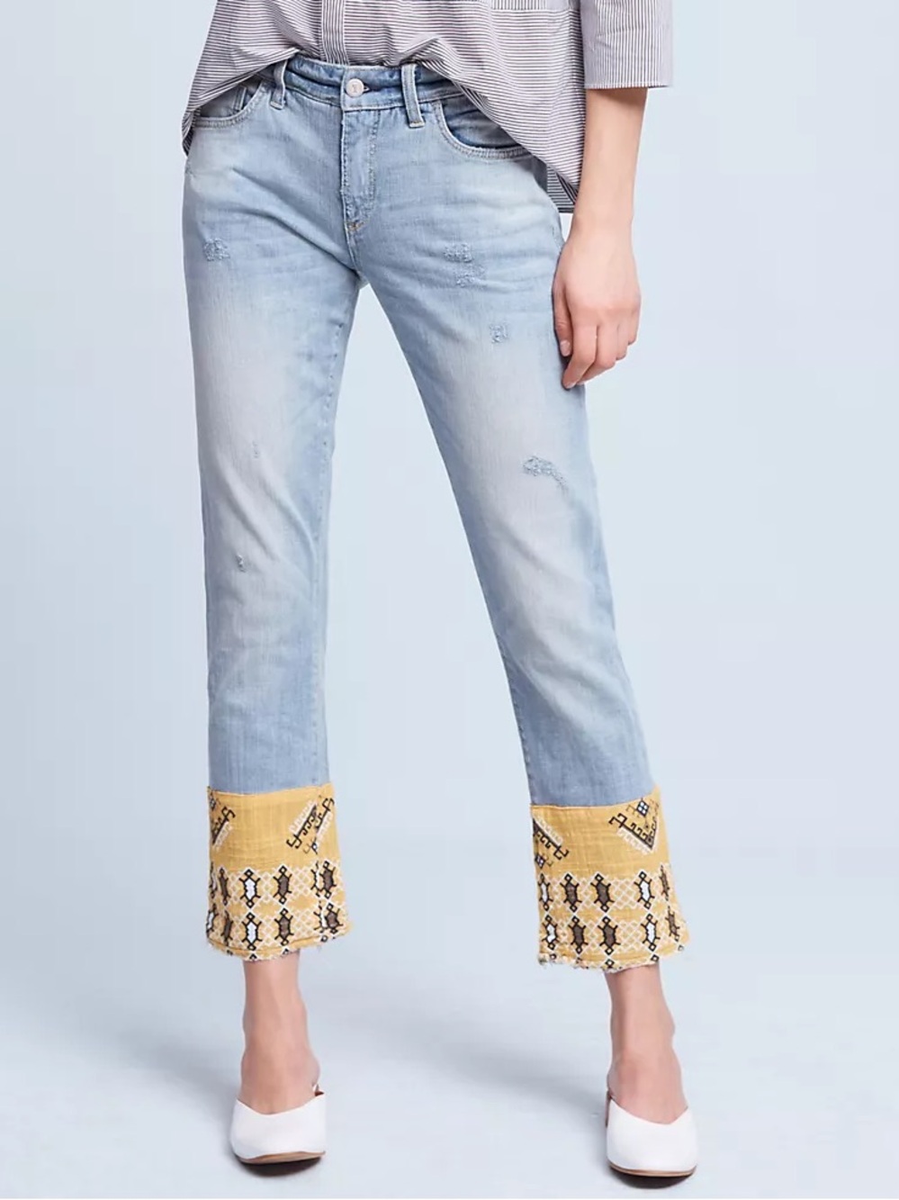 Anthropologie Pilcro Hyphen Mid-Rise Boyfriend Jeans with Fringed Bandana